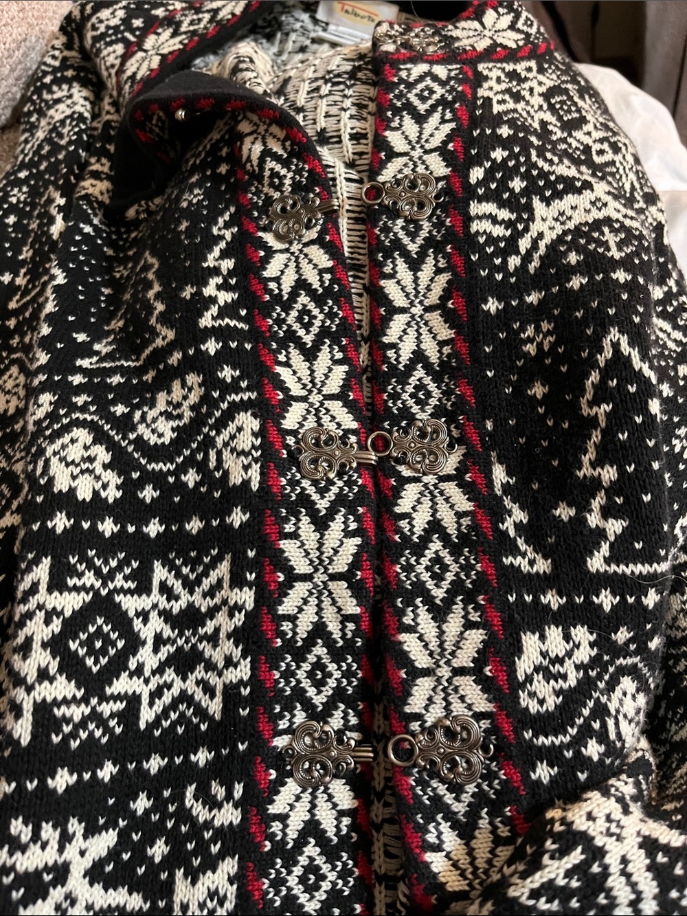 Talbots Black, Cream & Red Patterned Teddy Jacket